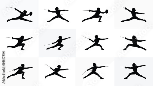 Silhouettes of fencers lunging and parrying in dynamic mid air poses isolated on white background vector illustration for sports and action concepts
