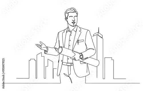 Continuous line drawing of foreman constructor engineer technician mechanic wearing safety helmet and holding blueprint paper design.