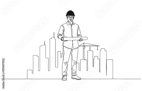 Continuous line drawing of foreman constructor engineer technician mechanic wearing safety helmet and holding blueprint paper design.