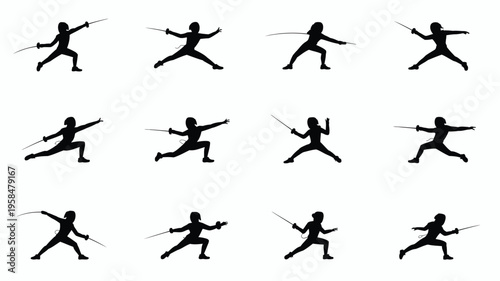 Silhouettes of fencers in dynamic poses showcasing lunges parries and attacks in a minimalist black and white design perfect for sports and action themes