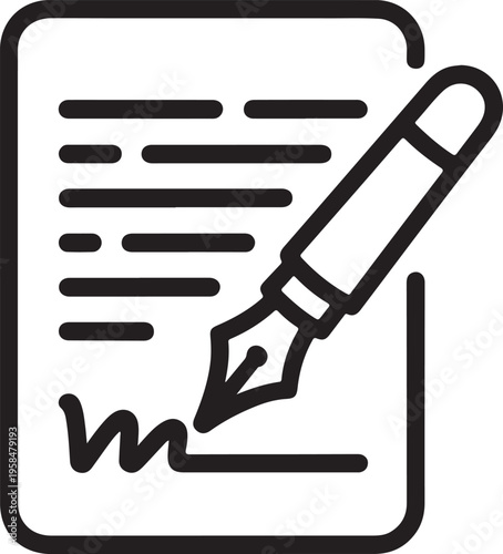 A simple black line drawing depicts a document with a writing pen poised to sign it