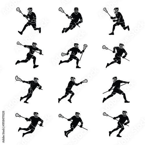Dynamic lacrosse player silhouettes in mid action poses running jumping and throwing while holding sticks isolated on white background vector illustration energetic sports theme