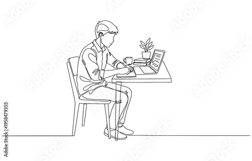 Continuous line design of boy studying in front of laptop.