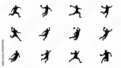 Dynamic black silhouettes of athletes performing various sports actions including running jumping and throwing against a clean white background