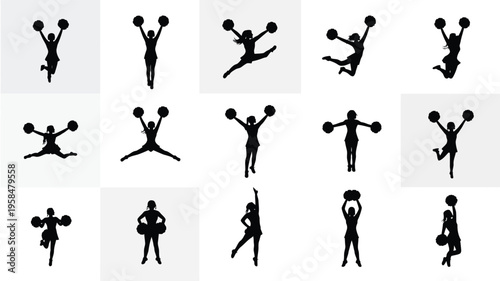 Silhouettes of cheerleaders performing energetic stunts and jumps in mid air with pompoms in various dynamic poses