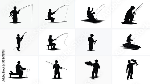 Silhouettes of people fishing in various poses standing sitting and on boats isolated on white background outdoor activity concept
