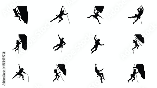 Silhouettes of climbers scaling rock faces in various dynamic poses showcasing athleticism and determination with bold black outlines against a clean white background