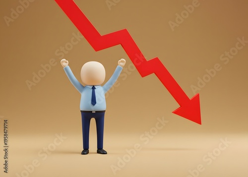 An office worker and a downward arrow. Mass layoffs, salary cuts. Economic crisis, instability and lack of activity. Financial crisis, inflation and unemployment.