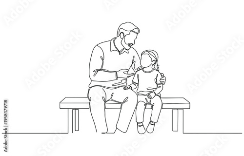 Continuous line drawing of young dad giving some wise advice talk to his child.