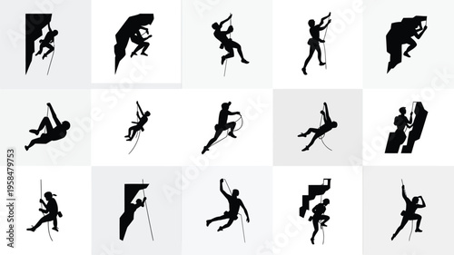 Silhouettes of climbers scaling rock walls in various poses and angles depicting dynamic movement and athleticism in outdoor adventure