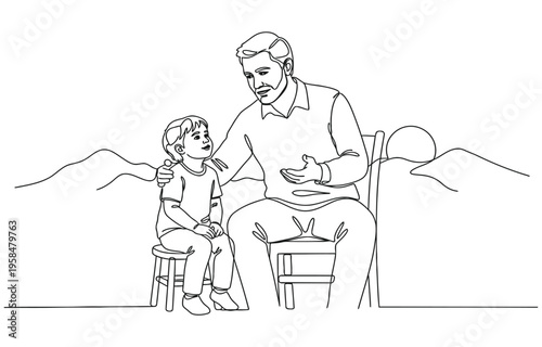 Continuous line drawing of young dad giving some wise advice talk to his child.
