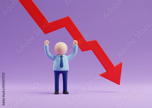 An office worker and a downward arrow. Mass layoffs, salary cuts. Economic crisis, instability and lack of activity. Financial crisis, inflation and unemployment.