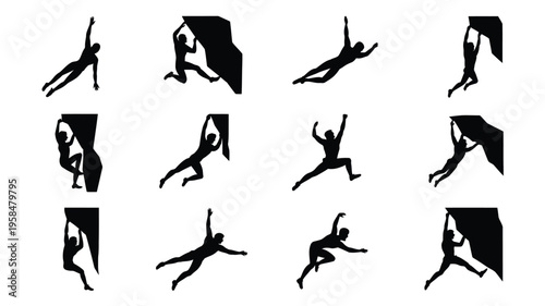 Silhouettes of climbers scaling rock faces in dynamic poses showcasing various climbing techniques and movements in minimalist black and white style