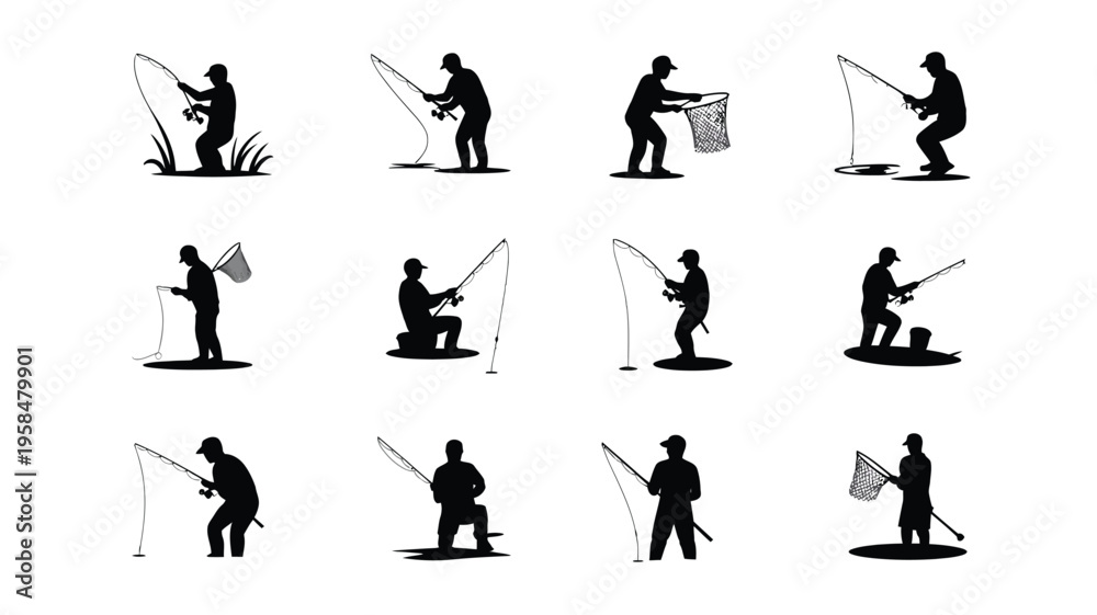 Fototapeta premium Silhouettes of fishermen engaging in various fishing activities with rods nets and buckets in minimalist black and white style