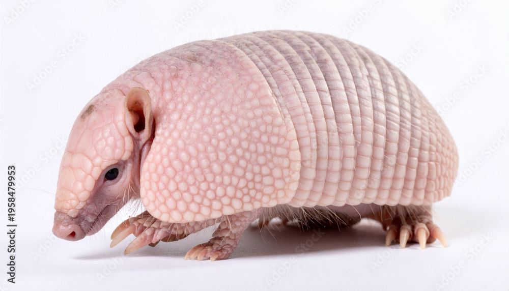 Obraz premium Armadillo standing on white surface with armored shell and sharp claws visible in studio photography