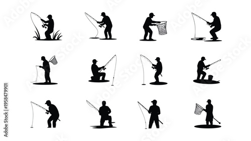 Silhouettes of fishermen engaging in various fishing activities with rods nets and buckets in minimalist black and white style