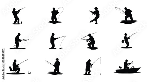 Silhouettes of people fishing in various poses including standing kneeling and sitting with rods and lines cast into water depicting leisure and outdoor recreation