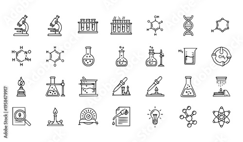 Science lab vector icons chemistry DNA microscope molecule editable stroke isolated on white
