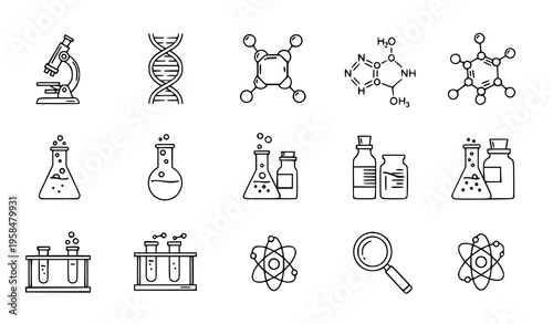 Editable stroke science lab icons chemistry DNA molecules microscope vector isolated on white
