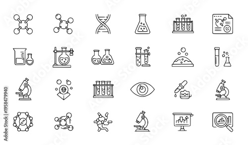 Science laboratory vector icons editable stroke chemistry DNA microscope molecule isolated on white
