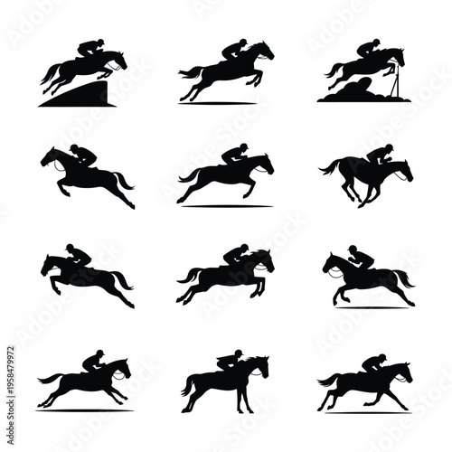 Silhouettes of jockeys riding horses in various dynamic racing poses mid action showcasing motion speed and equestrian sport in minimalist black and white vector design