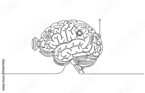 Continuous line drawing of head artificial intelligence technology robot brain vector illustration.