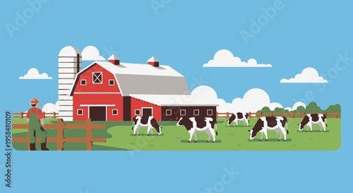 Farm Scene with Cows and Farmer Illustration.