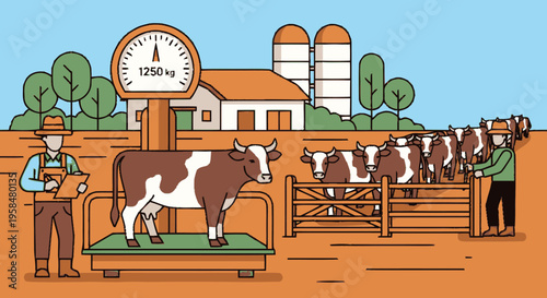 Farm Cow Being Weighed on Industrial Scale by Farmer.