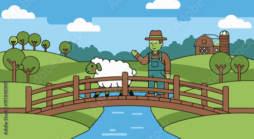 Farmer and Sheep on a Wooden Bridge.
