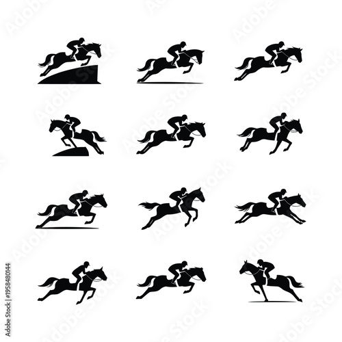 Dynamic black silhouettes of a horse and rider mid jump showcasing equestrian motion in minimalist style with clean bold outlines