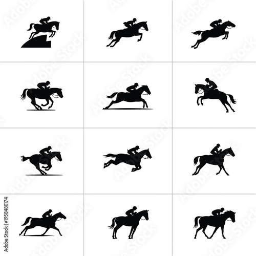 Silhouette of a horse and rider galloping in a sequence of dynamic motion frames showcasing speed and agility against a clean white background