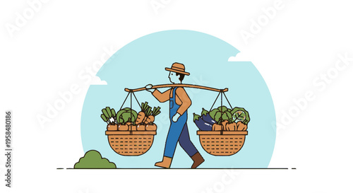 Farmer carrying baskets full of fresh vegetables.