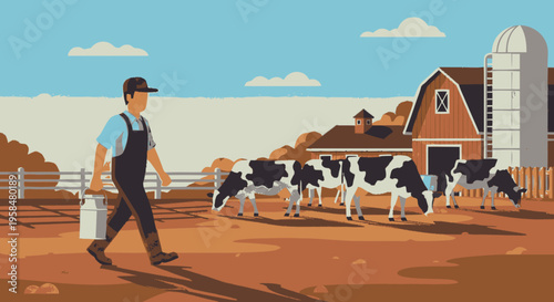 Farmer carrying milk pail walking past cows on farm.