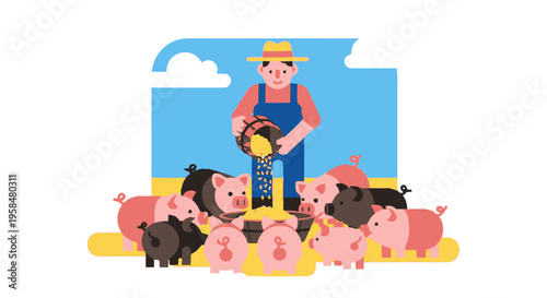 Farmer feeding happy pigs on a farm.
