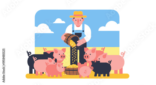 Farmer feeding pigs on a farm with food from a bucket.