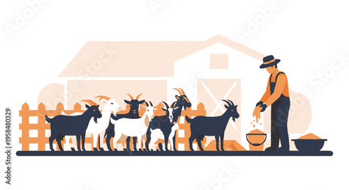 Farmer feeding herd of goats on a farm.