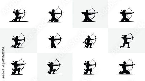 Set of black silhouettes of archers in various dynamic shooting poses isolated on white background modern minimalist design
