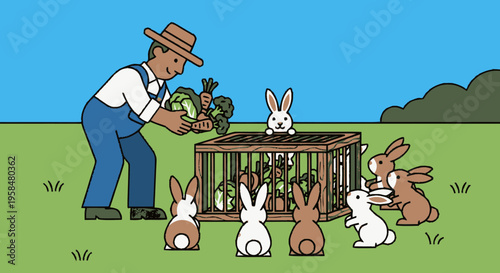 Farmer feeding rabbits from a cage with vegetables.