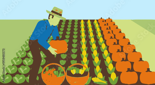 Farmer harvesting fresh produce from a bountiful garden.