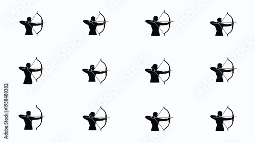 Silhouettes of archers in dynamic poses shooting arrows minimalist design vector illustration isolated on white background for sports and competition themes
