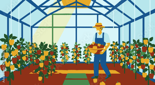 Farmer harvesting fresh produce in a greenhouse.