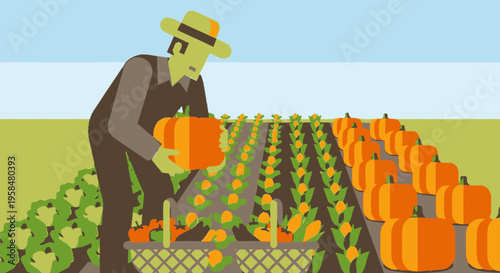 Farmer harvesting pumpkins in a field.