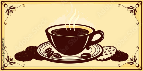A steaming cup of coffee and cookies presented in a decorative frame
