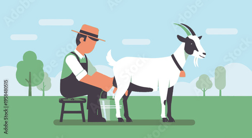 Farmer Milking a Goat on a Stool.