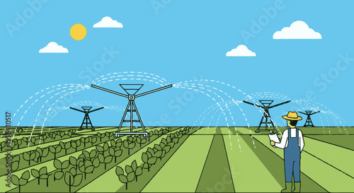 Farmer overseeing automated irrigation system in a field.