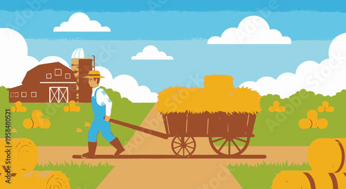 Farmer pulling cart full of hay in rural setting.