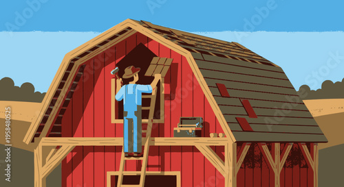 Farmer repairing a red barn roof on a ladder.