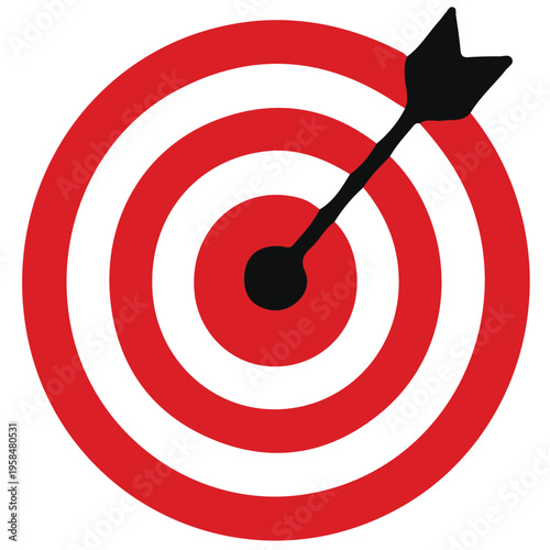 A red dart hitting the center bullseye of a 3d dartboard concept represents business success and accuracy in achieving a goal through perfect aim