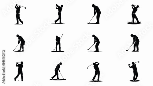 Silhouettes of golfers demonstrating various dynamic poses in a minimalist style isolated on white background
