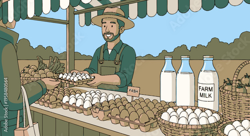 Farmer selling fresh eggs and milk at market stall.